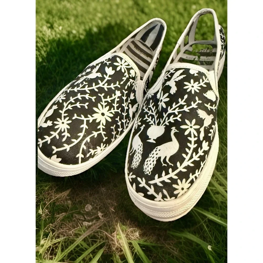 RARE Keds x Kate Spade Pheasant Floral Slip On Black White Womens Size 6
